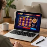 Engaged player using XX88 online casino on a laptop, showcasing exciting slot games.