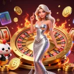 Play Game bài đổi thưởng with immersive casino elements, featuring slot machines and a dynamic roulette scene.