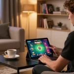 Player enjoying Hubet casino game on tablet in cozy modern living room.