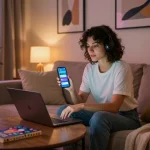 Engaging in AI porn chat on a laptop in a cozy home setting, showcasing modern decor and an inviting atmosphere.