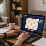 Engaged player using online portal for lô đề uy tín with strategic betting notes in a cozy home environment