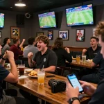 Excited sports fans engaging with cm88 betting app during live game, vibrant atmosphere.