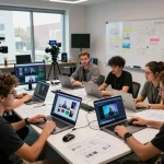 Collaborative filmmakers using seedance 2.0 ai in a modern creative studio.