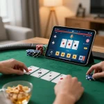 Engaged player checking fly 88 poker game on tablet with chips and snacks visible