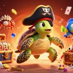 KJC's exciting gaming world comes alive with a treasure-hunting turtle and gaming symbols.