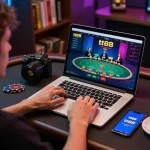Player enjoying tt88 casino games on laptop, immersed in live dealer action