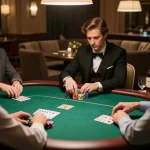 58win players strategizing during an upscale poker game, stacks of chips and cards in focus.