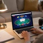 Engaging scene of a cozy home casino setup with go99 poker game on laptop, strategic notes around.