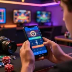 Exciting scene of a player engaging with 555 win app interface amidst vibrant gaming decor, showcasing real-time betting excitement.