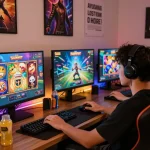 Engaging moment on Sun Win platform showcasing various games with vibrant graphics and a user enjoying the experience.