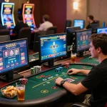 Player strategizing in a virtual poker room, engaging with tr88 games amid cozy home setup, showcasing responsible gambling.