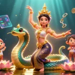Experience the vibrant energy of sunwin with a dynamic 3D scene featuring an Asian woman in traditional attire, crypto elements, and immersive gambling themes.