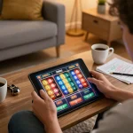 Player enjoying LV88 mobile slots experience in a cozy living room environment