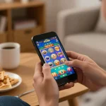 Engaging in EE88 app gameplay on smartphone in a cozy home setting with warm ambiance