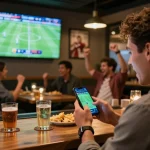 Tỷ lệ bóng đá betting excitement captured in a sports bar with friends enjoying live game.
