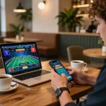 Player engaging in mobile betting on MM88 TODAY at stylish cafe, blending leisure with strategic gameplay.
