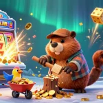 rr88 casino's exciting scene features a cartoon beaver collecting golden coins amidst slot machines and treasures.