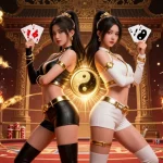 Engage in exhilarating gameplay at HIT CLUB with twin champions showcasing casino cards amidst a vibrant gambling scene.