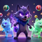 b52club showcases an energetic scene with ghostly wolves, vibrant lottery elements, and immersive gambling action.
