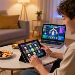 Player enjoying NOHU90 gaming on a tablet in a cozy living room, showcasing online casino excitement