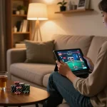 Engaging in online gambling at 23win on a tablet in a cozy home setting