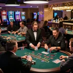 Players engaged at the Trang chủ SC88 blackjack tables celebrating wins amidst bright casino lights.