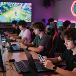 Exciting gaming environment where players download tải sunwin on various devices in a modern lounge.