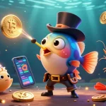 Engage with mm88's vibrant casino world as a glowing anglerfish attracts coins surrounded by crypto elements.