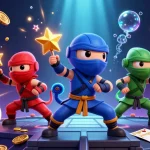 Experience thrilling games with B52club's vibrant illustrated scene of a ninja chameleon team amidst cascading coins.