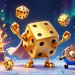 Experience winning with link gacor in this vibrant, colorful casino scene featuring golden dice and slot machines.