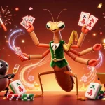 hi79 showcases a vibrant casino scene with a giant praying mantis card sharp and ladybug pit boss.