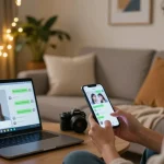 AI girlfriend chat experience in a cozy living room with interactive text messages.