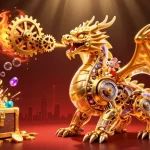 Engaging illustration of rs88 casino scene with golden dragon, slot reels, and treasures.