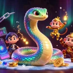 Engaging credit card casinos illustration featuring a rainbow serpent, monkey king, and crypto elements.