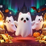 Immerse in the vibrant world of 9bet88 with a friendly ghost cat in a haunted casino, floating among sparkling treasures.
