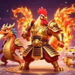 Experience the thrill of winning at vin777link with an epic 3D illustration of a rooster warrior and dragon in a casino.