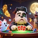 Play with 789bet's thrilling casino scene featuring a Frankenstein bulldog dealer amidst a spooky gambling atmosphere.