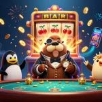 Tải Sunwin showcasing a jolly walrus and poker action at an underwater casino.