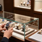 Luxury replica watch showcase with elegant details in a boutique.