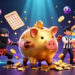 Experience thrilling games at SC88 with a lively illustration of a piggy bank wrestler, vibrant lottery elements, and dynamic action.