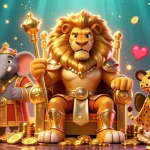 Experience excitement at vipwin through a dynamic scene featuring a lion king, wise elephant, and cheetah among casino games.