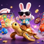 Experience rakhoi tv with a 3D cartoon rabbit and turtle in a vibrant casino scene.