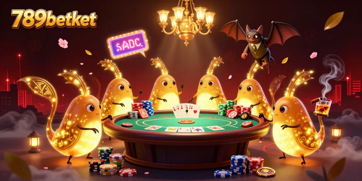 Engage with the exciting world of 789betket casino, featuring a vibrant poker scene illuminated by glowworms, creating an immersive gambling atmosphere.
