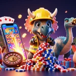 FAFA828 brings the casino to life with a triceratops and golden trumpet celebration in a vibrant 3D illustration.