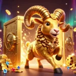 Action-packed illustration of hm88, featuring a golden ram amidst dazzling casino treasures and winning slot elements.