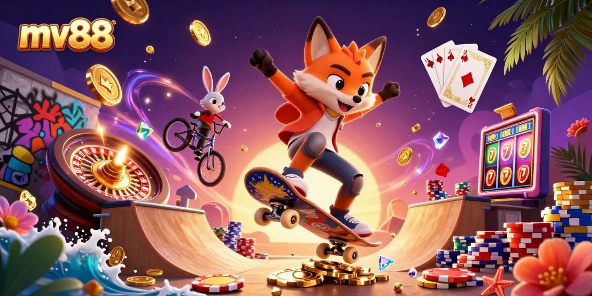 Experience thrilling wins at mv88 with vibrant 3D cartoon characters in a dynamic casino scene.