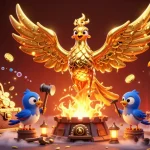 Engage with mb66's epic gaming experience featuring a molten phoenix soaring through a vibrant treasure-filled scene.