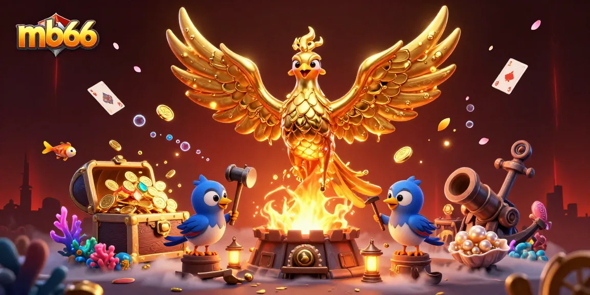 Engage with mb66's epic gaming experience featuring a molten phoenix soaring through a vibrant treasure-filled scene.